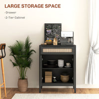 Kitchen Sideboard, Boho Storage Cabinet with 2 Rattan Decorated Doors and Drawer for Dining Room, Black