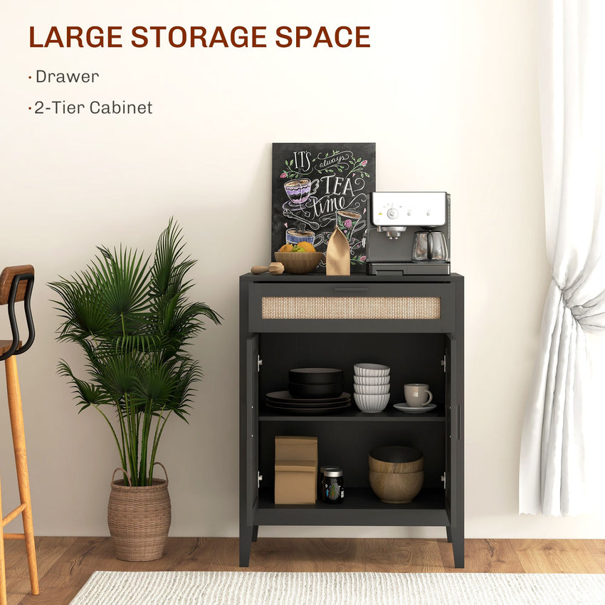 Kitchen Sideboard, Boho Storage Cabinet with 2 Rattan Decorated Doors and Drawer for Dining Room, Black