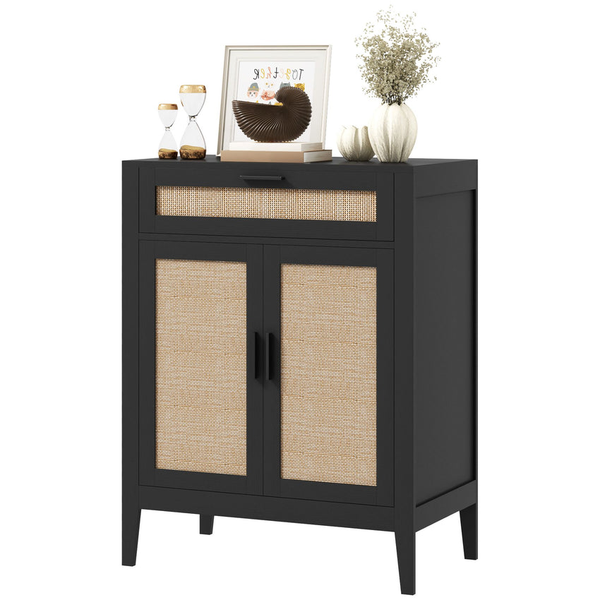 Kitchen Sideboard, Boho Storage Cabinet with 2 Rattan Decorated Doors and Drawer for Dining Room, Black