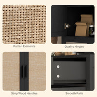 Kitchen Sideboard, Boho Storage Cabinet with 2 Rattan Decorated Doors and Drawer for Dining Room, Black