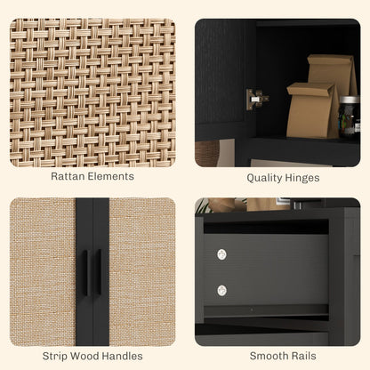 Kitchen Sideboard, Boho Storage Cabinet with 2 Rattan Decorated Doors and Drawer for Dining Room, Black