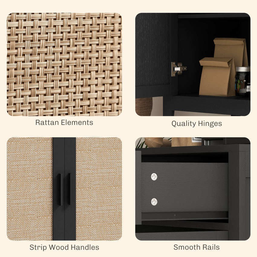 Kitchen Sideboard, Boho Storage Cabinet with 2 Rattan Decorated Doors and Drawer for Dining Room, Black