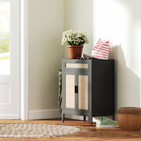 Kitchen Sideboard, Boho Storage Cabinet with 2 Rattan Decorated Doors and Drawer for Dining Room, Black