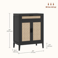 Kitchen Sideboard, Boho Storage Cabinet with 2 Rattan Decorated Doors and Drawer for Dining Room, Black