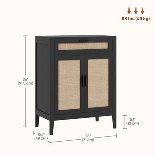 Kitchen Sideboard, Boho Storage Cabinet with 2 Rattan Decorated Doors and Drawer for Dining Room, Black