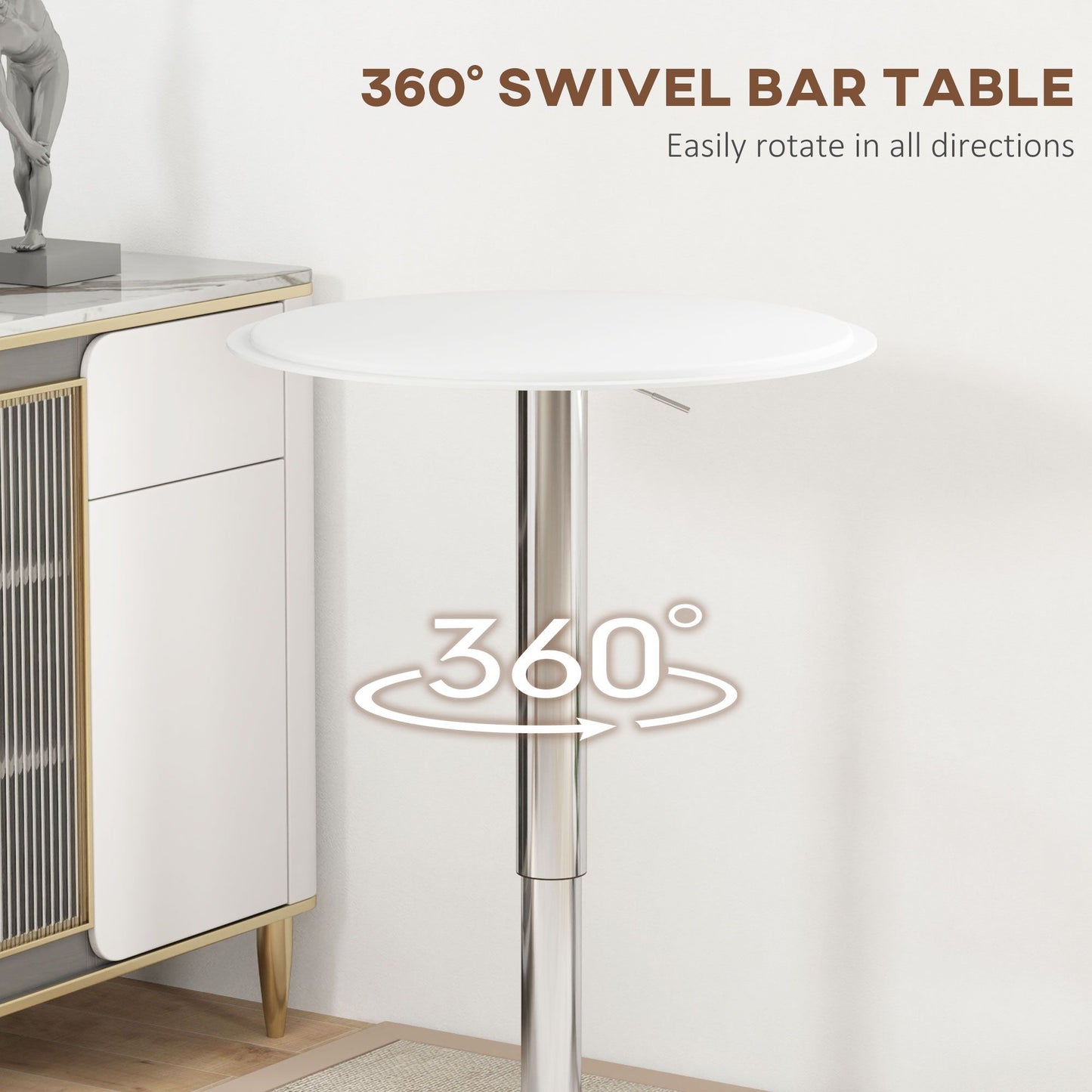 Modern Round Bar Table Adjustment Height Home Pub Bistro Desk Faux Leather Covered Wooden Top Chrome Base White