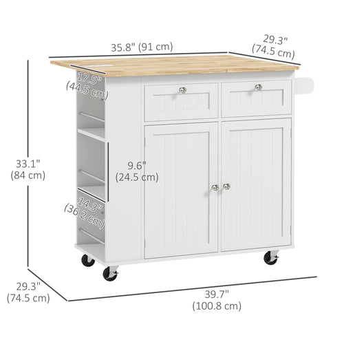 Kitchen Island with Power Outlet and Drop Leaf, Rolling Kitchen Cart with 2 Drawers and Adjustable Shelves, White