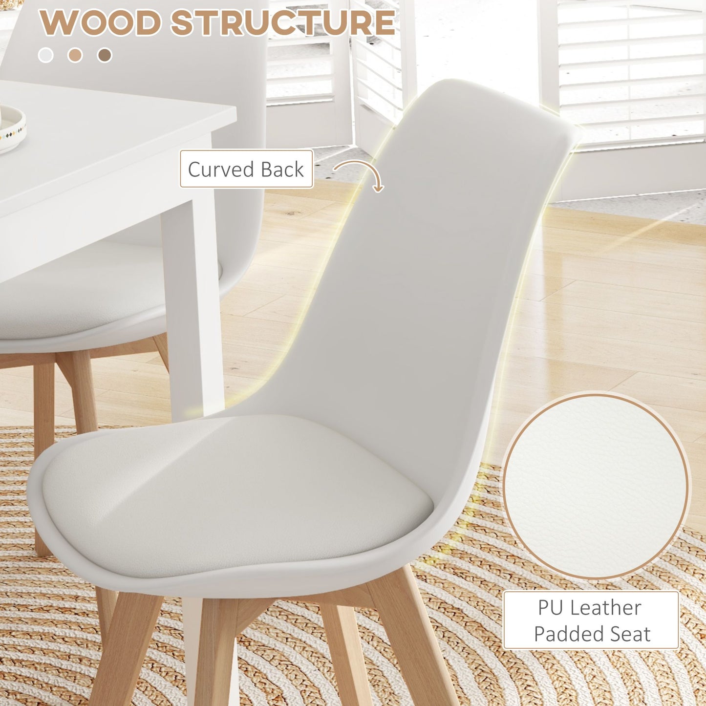 Modern Dining Table Chairs Set of 4, Rubber Wood Kitchen Table Chairs with PU Leather Cushion for Living Room, Bedroom