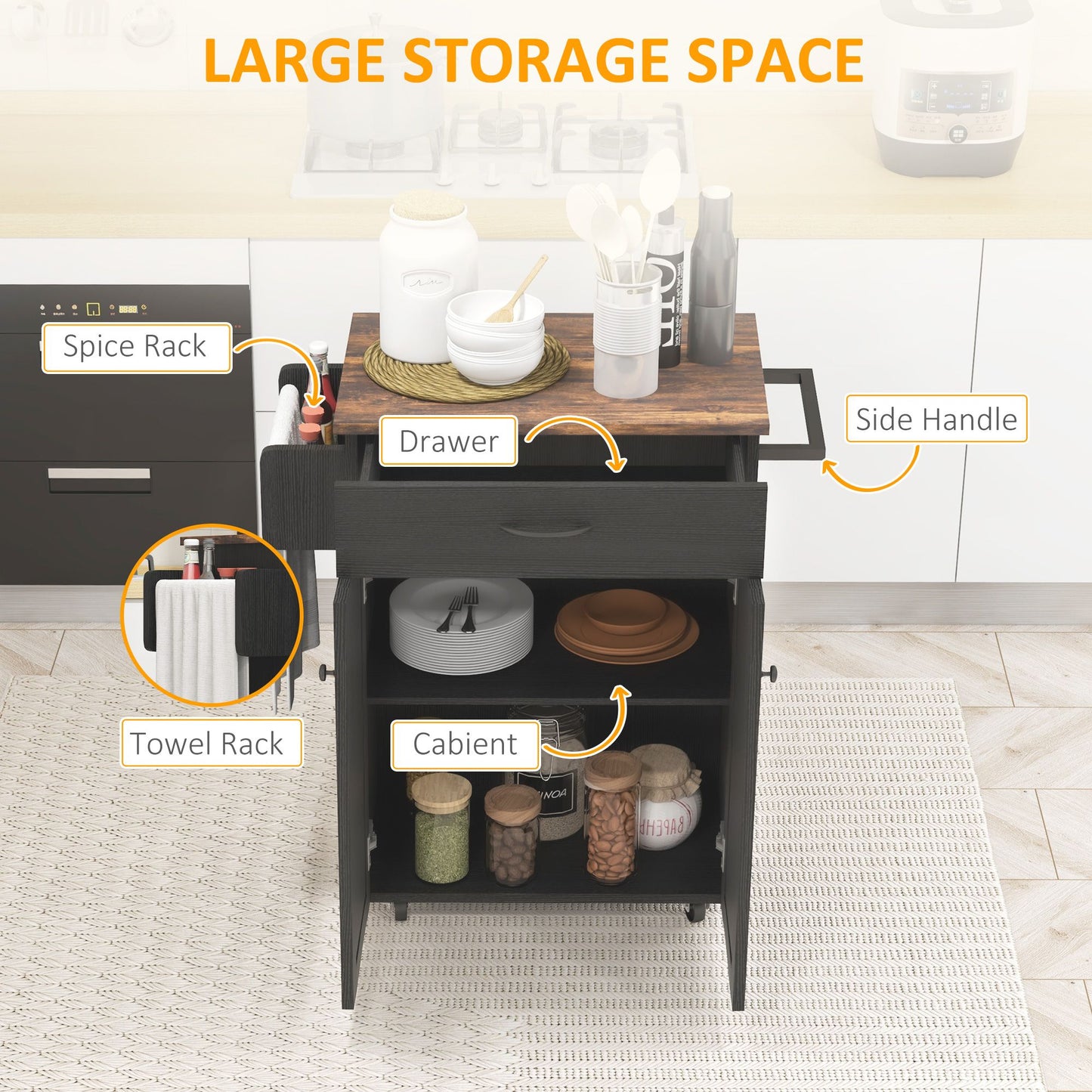Modern Rolling Kitchen Island Cart with Drawer, Natural Wood Top, Towel Rack, Door Storage Cabinet, Distressed Black