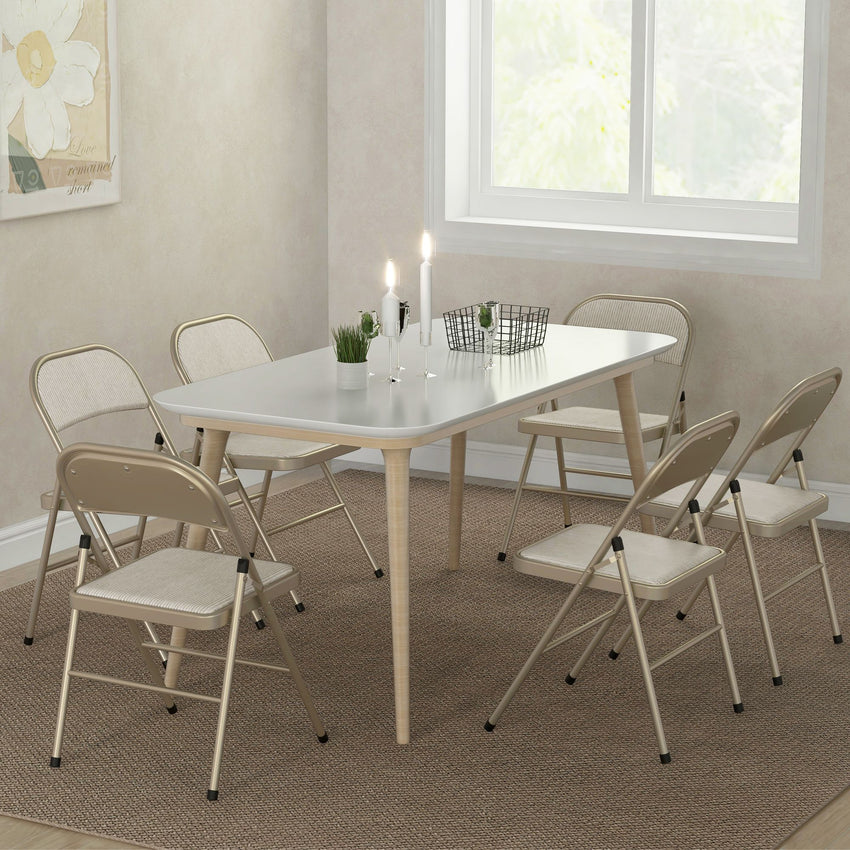 Set of 6 Metal Foldable Chairs, Linen Fabric Padded Folding Chairs with Cushion Seat and Open Back for Indoor, Beige