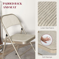 Set of 6 Metal Foldable Chairs, Linen Fabric Padded Folding Chairs with Cushion Seat and Open Back for Indoor, Beige