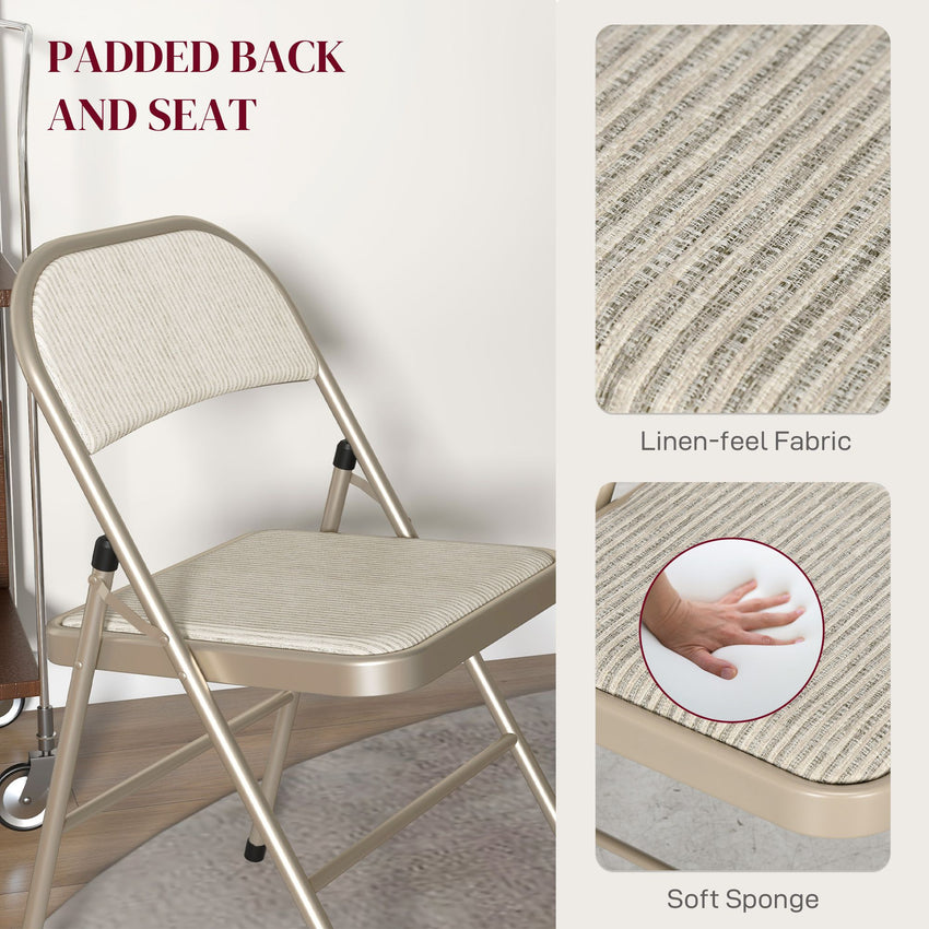 Set of 6 Metal Foldable Chairs, Linen Fabric Padded Folding Chairs with Cushion Seat and Open Back for Indoor, Beige