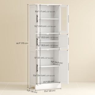 67" Tall Bathroom Storage Cabinet, Modern Freestanding Bathroom Cabinet with Glass Doors and Adjustable Shelves, White