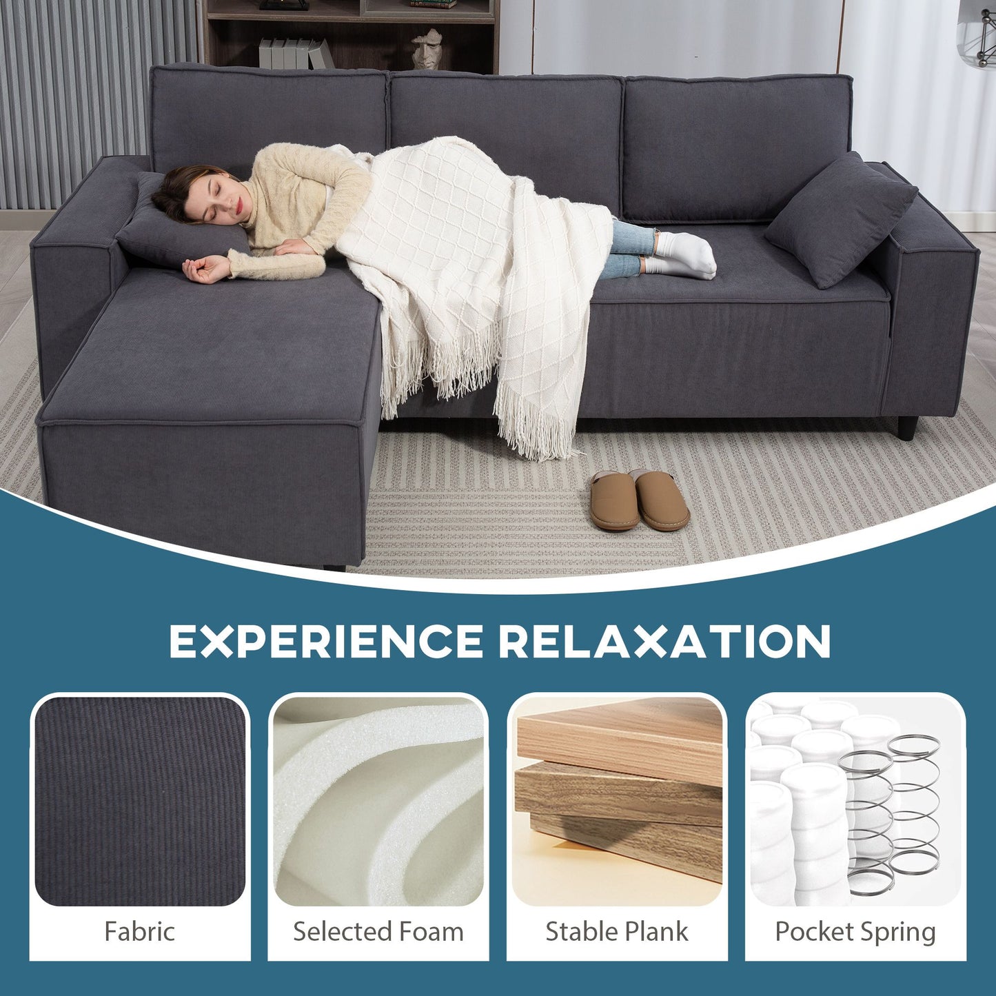 Corner Sofa with Changeable Chaise, Corduroy L-Shaped Sectional Sofa with Pocket Spring, 2 Pillows, Charcoal Grey