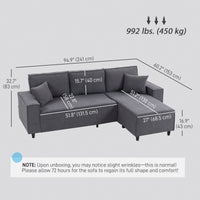 Corner Sofa with Changeable Chaise, Corduroy L-Shaped Sectional Sofa with Pocket Spring, 2 Pillows, Charcoal Grey