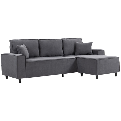 Corner Sofa with Changeable Chaise, Corduroy L-Shaped Sectional Sofa with Pocket Spring, 2 Pillows, Charcoal Grey