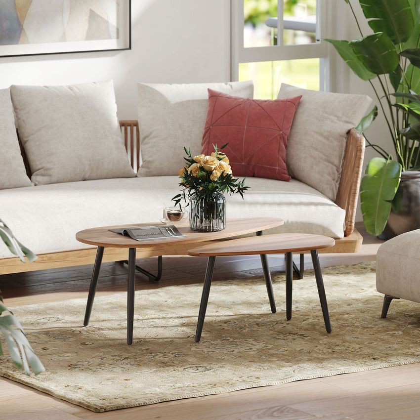 2 Pieces Coffee Table Set for Living Room, Industrial Nest of Tables with Steel Legs, Brown