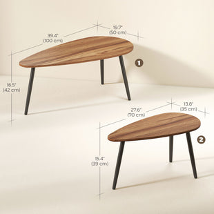 2 Pieces Coffee Table Set for Living Room, Industrial Nest of Tables with Steel Legs, Brown