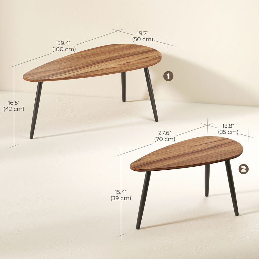 2 Pieces Coffee Table Set for Living Room, Industrial Nest of Tables with Steel Legs, Brown