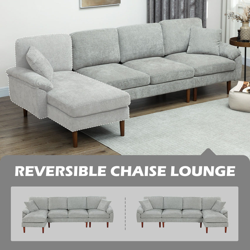 L-Shape Sofa, Modern Sectional Couch with Changeable Chaise Lounge, Pillows and Wooden Legs for Living Room, Grey