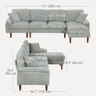 L-Shape Sofa, Modern Sectional Couch with Changeable Chaise Lounge, Pillows and Wooden Legs for Living Room, Grey