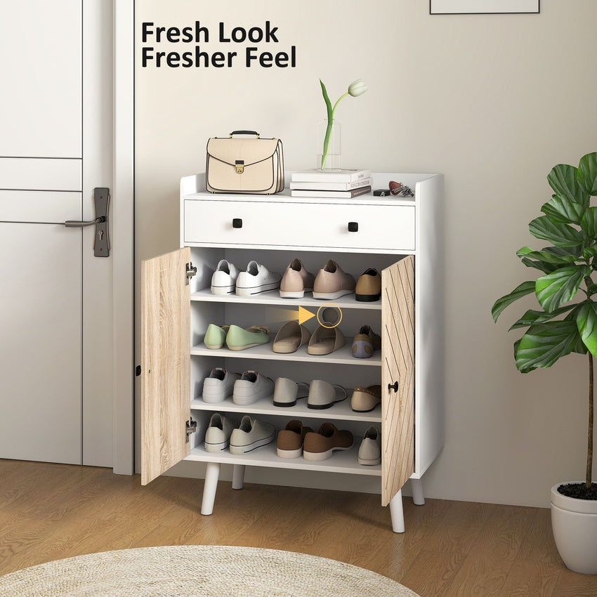 Shoe Cabinet for Entryway, Modern Shoe Storage Cabinet with Adjustable Shelves and Drawer for 12 Pairs, White