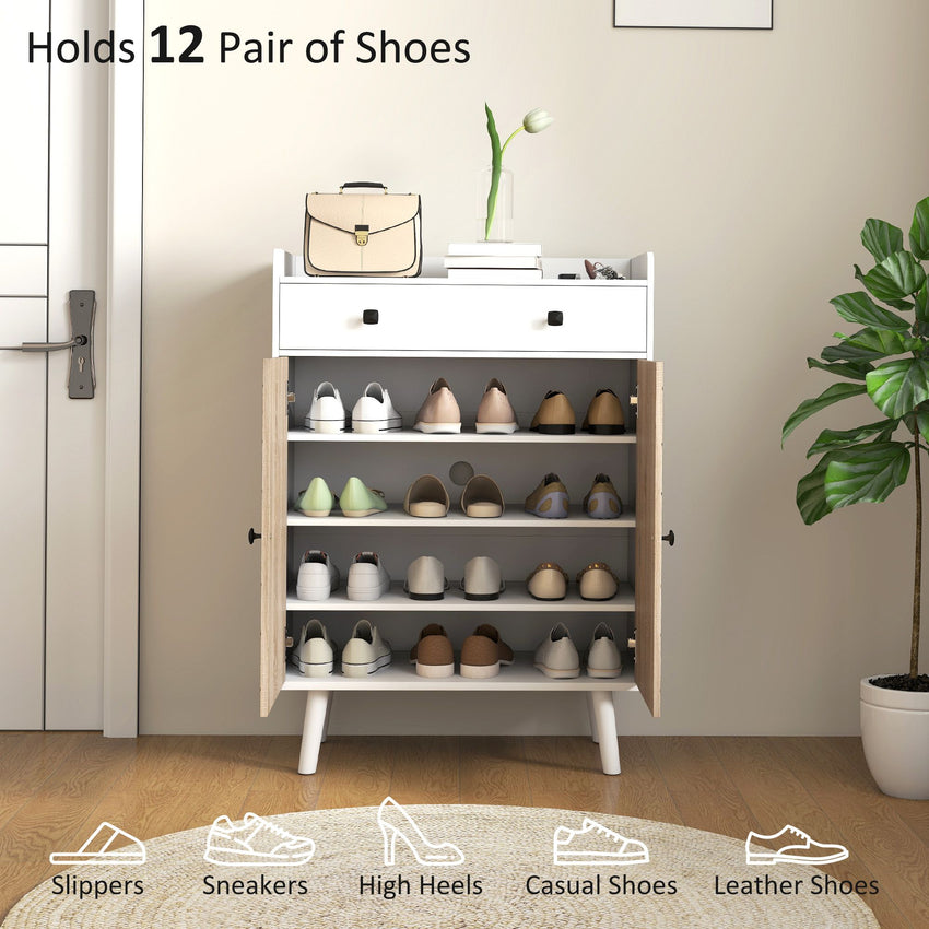 Shoe Cabinet for Entryway, Modern Shoe Storage Cabinet with Adjustable Shelves and Drawer for 12 Pairs, White