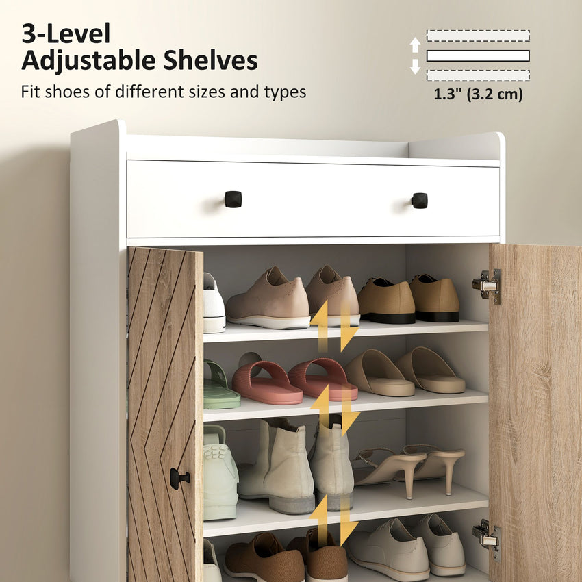 Shoe Cabinet for Entryway, Modern Shoe Storage Cabinet with Adjustable Shelves and Drawer for 12 Pairs, White