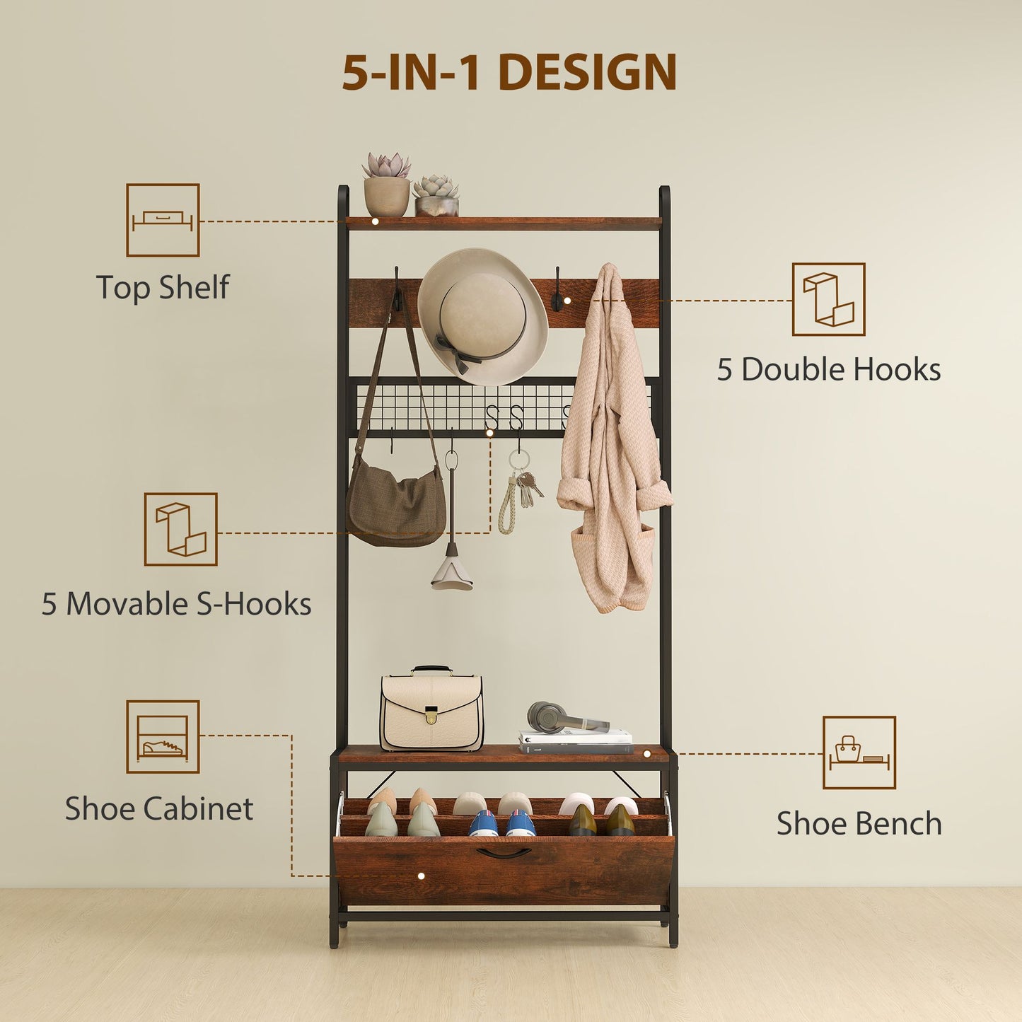 5-In-1 Coat Rack Shoe Bench, Hall Tree with Bench, Shoe Cabinet, 10 Hooks for Hallway, Mud Room, Rustic Brown
