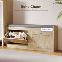 Shoe Bench with Flip Doors, Seat Cushion, Adjustable Shelves for 8 Pairs, Boho Entryway Bench for Bedroom, Natural Wood