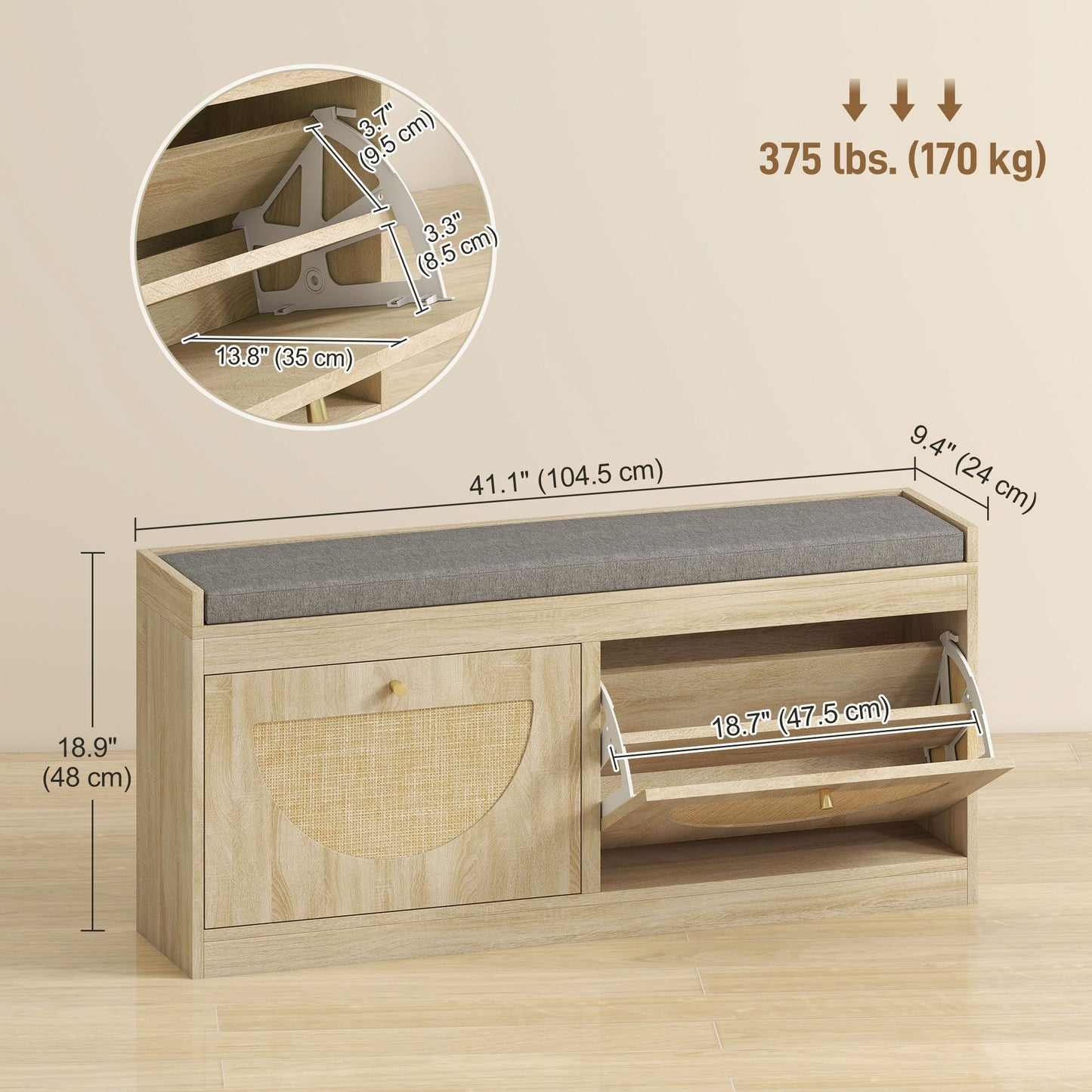 Shoe Bench with Flip Doors, Seat Cushion, Adjustable Shelves for 8 Pairs, Boho Entryway Bench for Bedroom, Natural Wood
