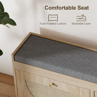 Shoe Bench with Flip Doors, Seat Cushion, Adjustable Shelves for 8 Pairs, Boho Entryway Bench for Bedroom, Natural Wood