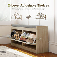 Shoe Bench with Flip Doors, Seat Cushion, Adjustable Shelves for 8 Pairs, Boho Entryway Bench for Bedroom, Natural Wood
