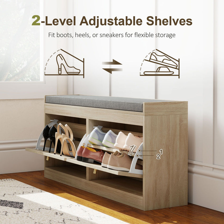 Shoe Bench with Flip Doors, Seat Cushion, Adjustable Shelves for 8 Pairs, Boho Entryway Bench for Bedroom, Natural Wood
