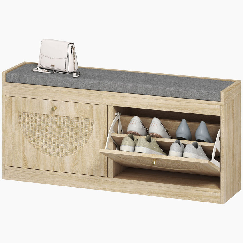 Shoe Bench with Flip Doors, Seat Cushion, Adjustable Shelves for 8 Pairs, Boho Entryway Bench for Bedroom, Natural Wood