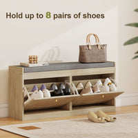 Shoe Bench with Flip Doors, Seat Cushion, Adjustable Shelves for 8 Pairs, Boho Entryway Bench for Bedroom, Natural Wood