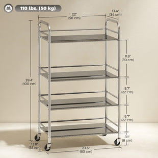 4 Tier Stainless Steel Rolling Cart with Adjustable Shelves, Utility Cart on Wheels with Handles for Kitchen, Silver