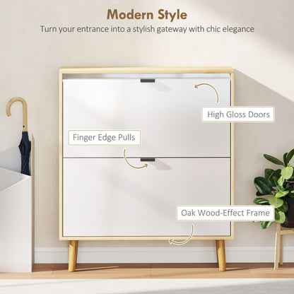 Narrow Shoe Cabinet, High Gloss Shoe Storage Cabinet with 2 Flip Drawers and Adjustable Shelves, Holds 16 Pairs, White
