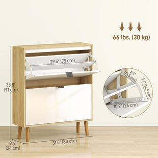 Narrow Shoe Cabinet, High Gloss Shoe Storage Cabinet with 2 Flip Drawers and Adjustable Shelves, Holds 16 Pairs, White