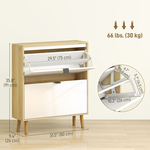 Narrow Shoe Cabinet, High Gloss Shoe Storage Cabinet with 2 Flip Drawers and Adjustable Shelves, Holds 16 Pairs, White