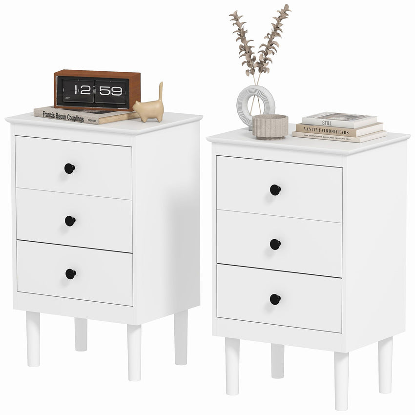 Set of Two Three-Drawer Modern Bedside Tables for Bedroom, White