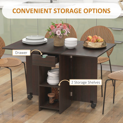 Folding Dining Table, Space Saving Drop Leaf Table with Drawer and Storage Shelves for Kitchen, Dining Room, Dark Brown