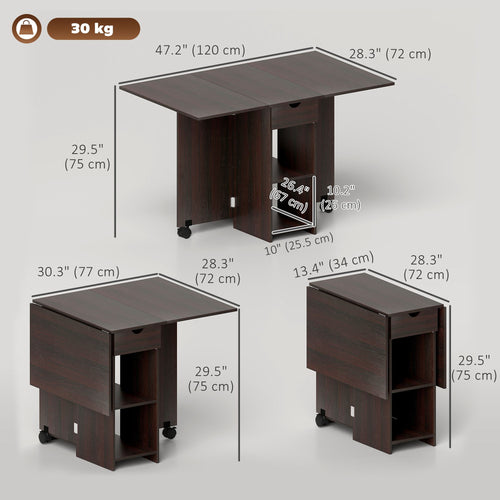Folding Dining Table, Space Saving Drop Leaf Table with Drawer and Storage Shelves for Kitchen, Dining Room, Dark Brown
