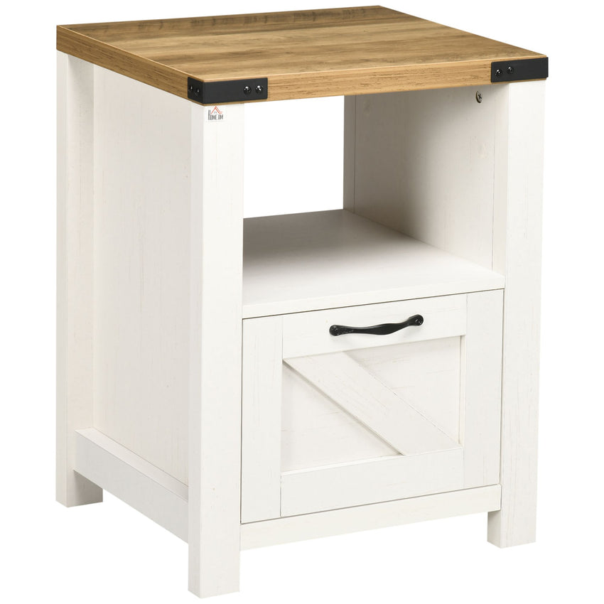 Side Table with Storage, Farmhouse End Table with Drawer, Open Shelf and Barn-style Panel, Nightstand for Living Room, Bedroom, White