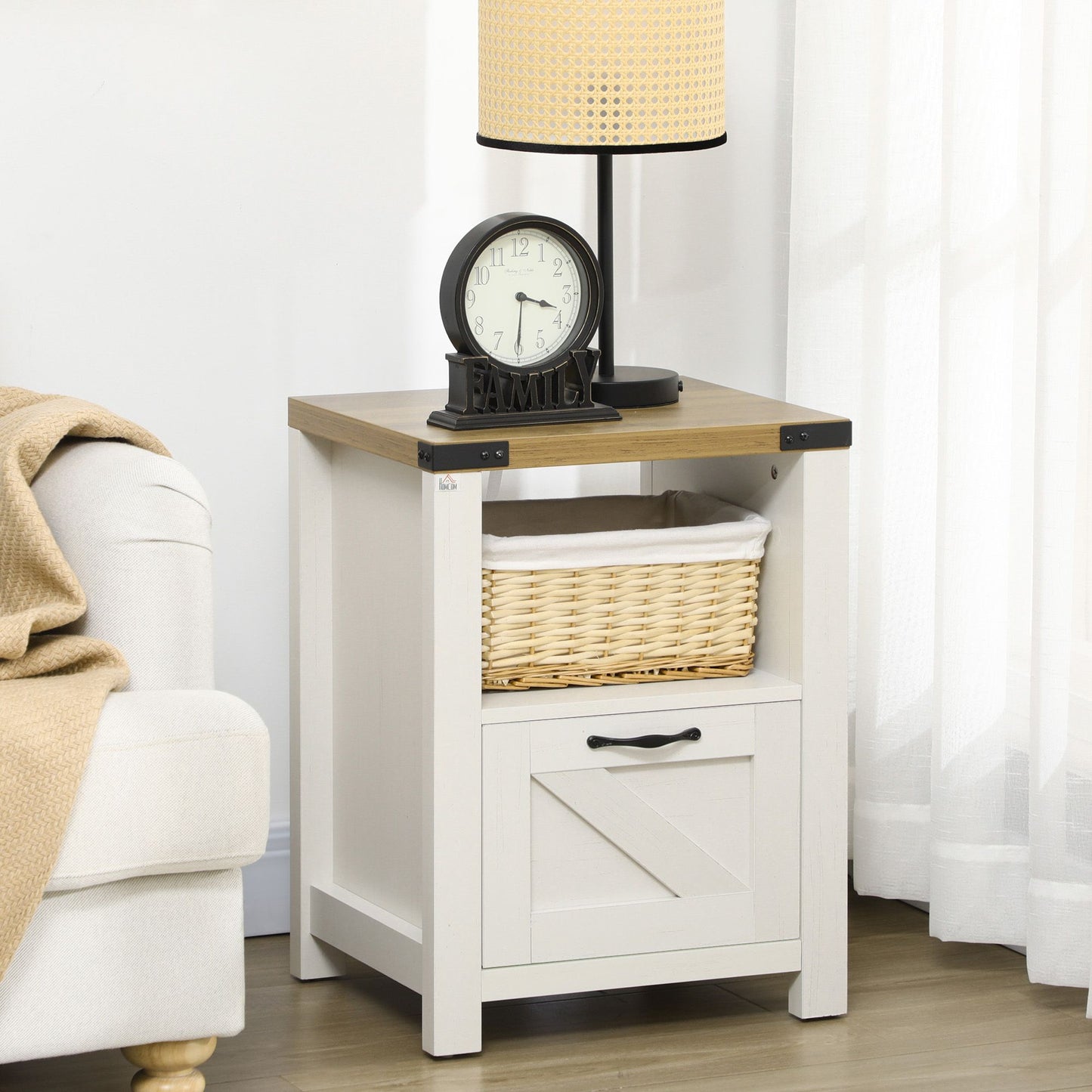Side Table with Storage, Farmhouse End Table with Drawer, Open Shelf and Barn-style Panel, Nightstand for Living Room, Bedroom, White
