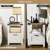 Side Table with Storage, Farmhouse End Table with Drawer, Open Shelf and Barn-style Panel, Nightstand for Living Room, Bedroom, White