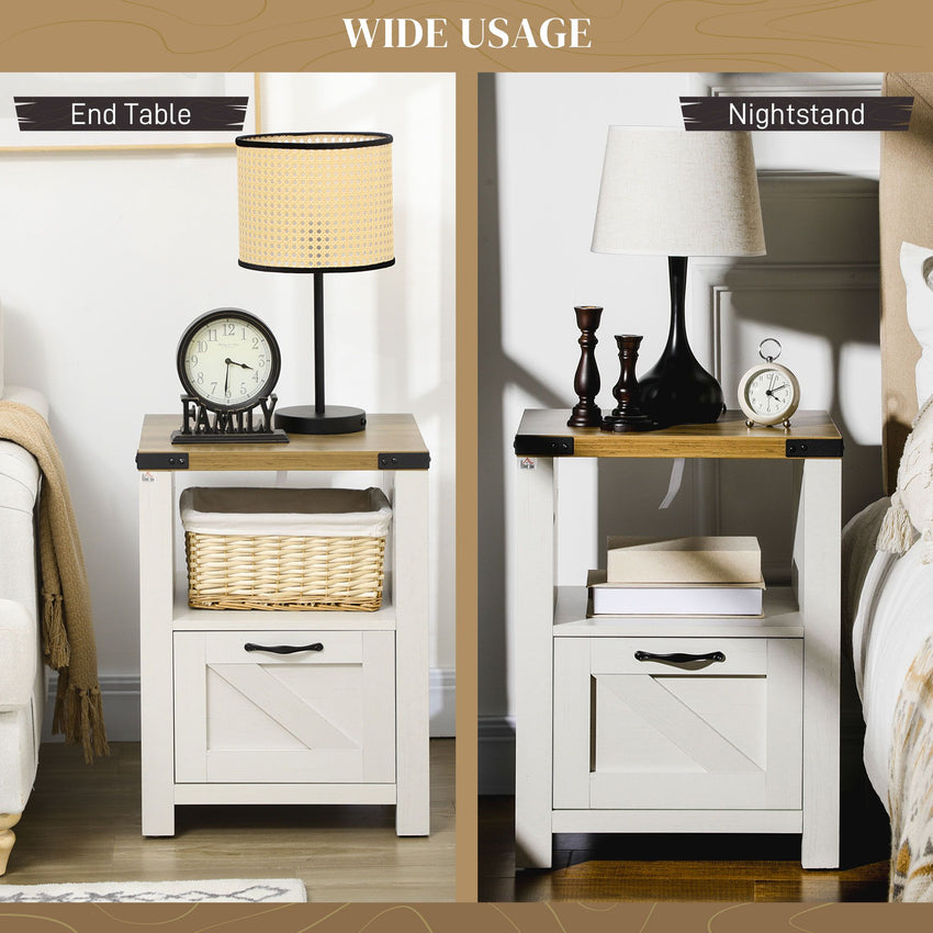 Side Table with Storage, Farmhouse End Table with Drawer, Open Shelf and Barn-style Panel, Nightstand for Living Room, Bedroom, White