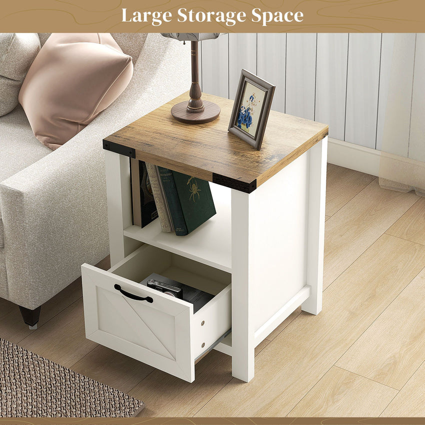 Side Table with Storage, Farmhouse End Table with Drawer, Open Shelf and Barn-style Panel, Nightstand for Living Room, Bedroom, White
