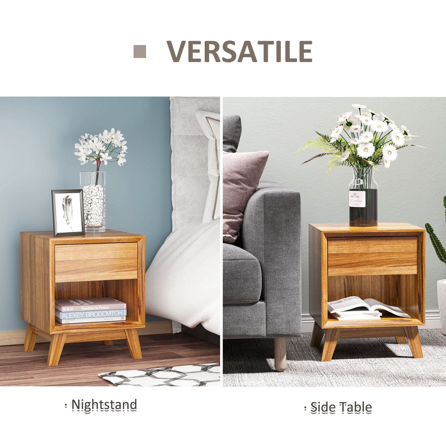 Bedside Table for Bedroom, Nightstand with Drawer and Shelf, Modern Side End Table, Walnut Brown