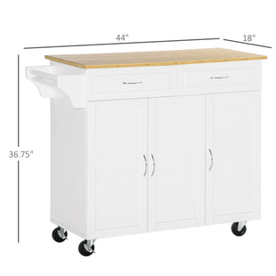 Kitchen Cart with Storage, Rolling Kitchen Island on Wheels with Bamboo Countertop, Drawers, Cabinets, 3 Doors, White